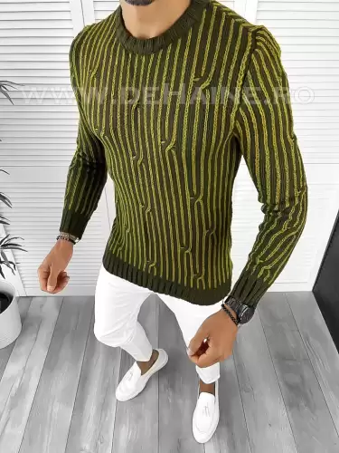 Pulover barbati gros slim fit kaki T3575 103-4