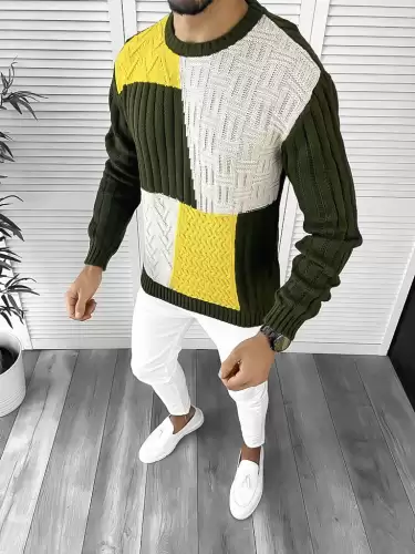 Pulover barbati gros slim fit kaki T3611 i7-6 / I14-5