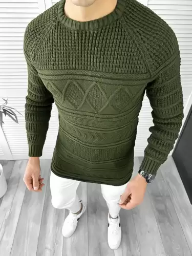 Pulover barbati gros slim fit kaki T3614 P20-5.2
