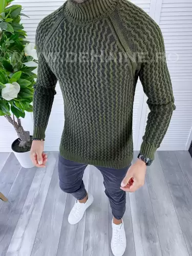 Pulover barbati gros slim fit kaki ZR T3712 U6-2