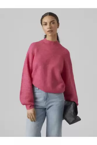 Pulover casual de culoare roz cu maneca bufanta