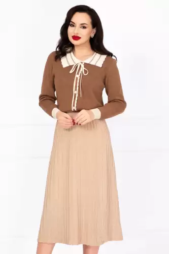 Pulover dama maro din tricot Talia cu guler ondulat si nasturi decorativi