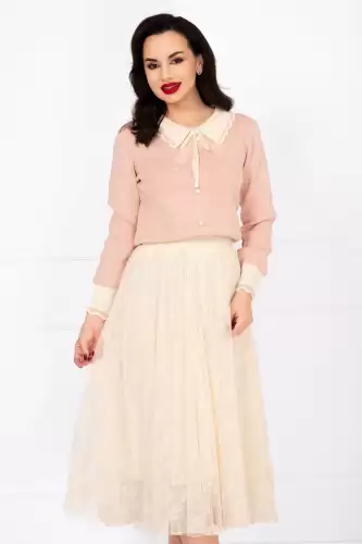 Pulover din tricot fin roz Lotus cu inimioare in relief