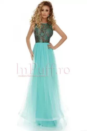 Rochie Atmosphere lunga din tul mint cu dantela verde in zona bustului