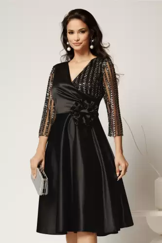 Rochie Azaleea midi neagra din tafta cu paiete la bust si funda maxi in talie