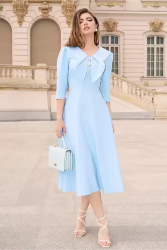 Rochie bleu clos de ocazie cu guler maxi si nasturi perluta