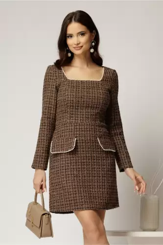 Rochie Bonnie bej din tweed cu lurex si perle