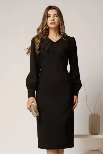 Rochie conica neagra cu nasturi pe bust si guler dublu