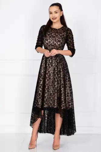 Rochie de ocazie asimetrica Francesca cu model floral din catifea si dublura bej