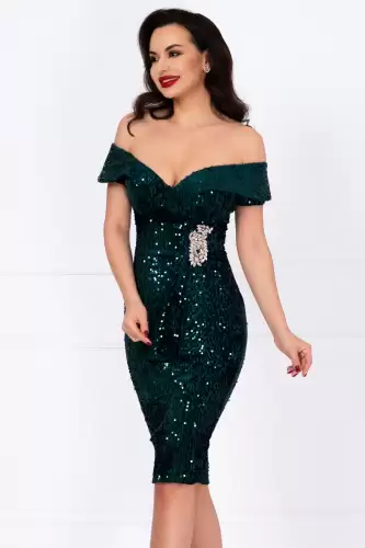 Rochie de ocazie din paiete Iolanda verde cu accesoriu din strassuri