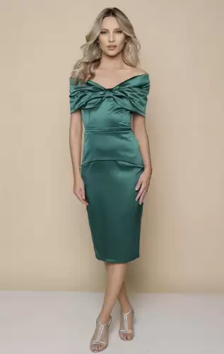 Rochie de ocazie din tafta verde cu funda maxi la bust