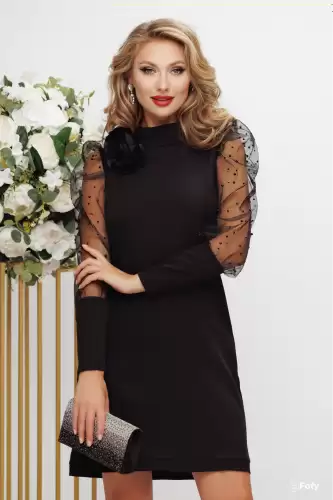 Rochie de ocazie eleganta neagra cu floare 3D si maneci din tulle