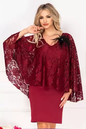 Rochie de ocazie Gina bordo cu dantela si accesoriu cu fulgi by InPuff