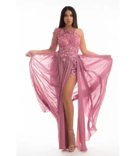 Rochie de ocazie lunga din voal roz cu broderie 3D aplicata manual