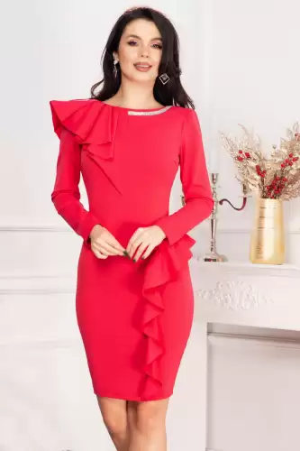 Rochie de ocazie Mariel somon cu volane si banda din strassuri