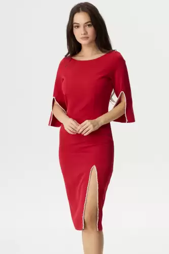 Rochie de ocazie midi Daria rosie decorata cu margele