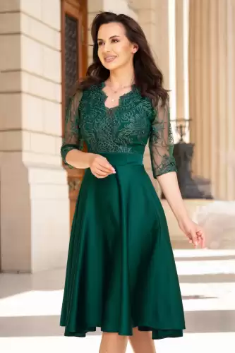 Rochie de ocazie midi verde Lucrezia din tafta cu broderie