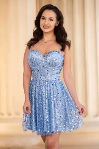 Rochie de ocazie mini bleu in clos decorata cu paiete