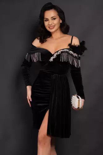 Rochie de ocazie neagra Alizee din catifea cu strassuri argintii