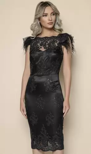 Rochie de ocazie neagra din dantela accesorizata cu pene la umar
