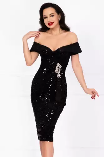 Rochie de ocazie neagra din paiete Iolanda cu accesoriu din strassuri