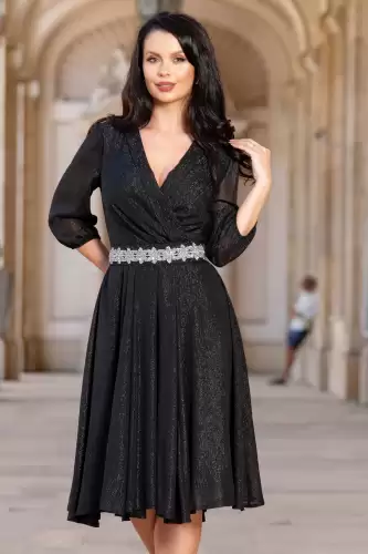 Rochie de ocazie neagra in clos Romina cu cordon stralucitor in talie