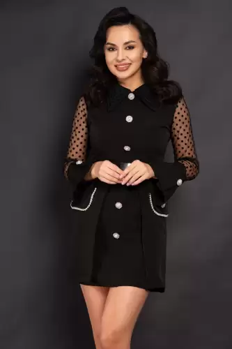 Rochie de ocazie neagra Naomi cu nasturi pretiosi si fusta detasabila