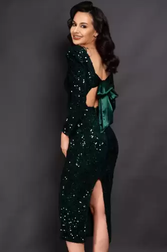 Rochie de ocazie verde Ilona din paiete cu funda la spate