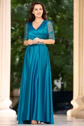 Rochie de seara aqua Giorgia lunga din tafta cu maneci paietate