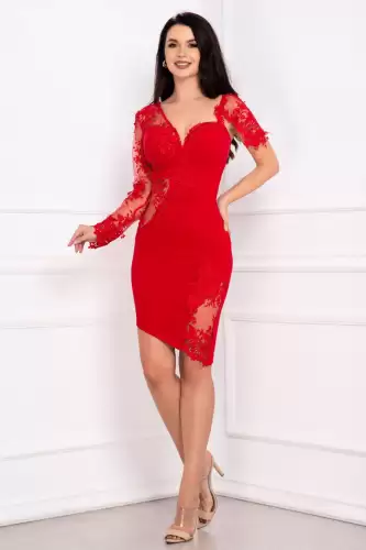 Rochie de seara Ariela rosie asimetrica cu tulle brodat