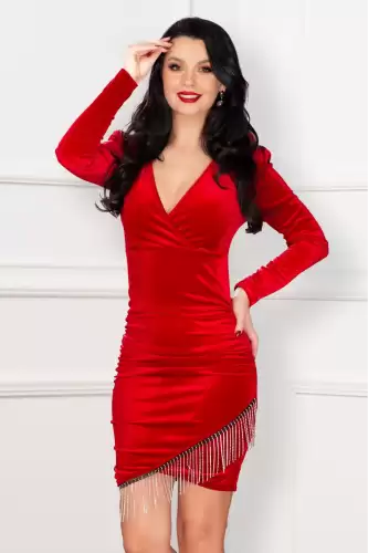 Rochie de seara din catifea Norah rosie cu franjuri din strassuri