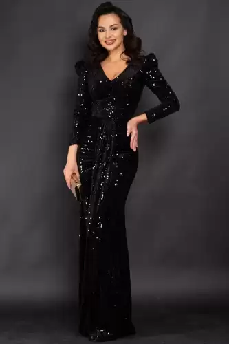 Rochie de seara eleganta Clarisse tip sirena din paiete negre