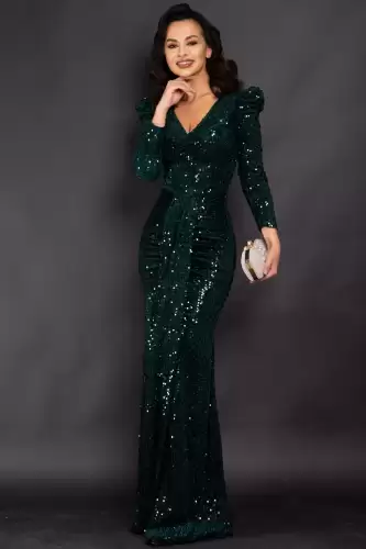 Rochie de seara eleganta Clarisse tip sirena din paiete verzi