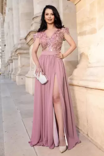 Rochie de seara eleganta rose Larissa din voal cu flori 3D