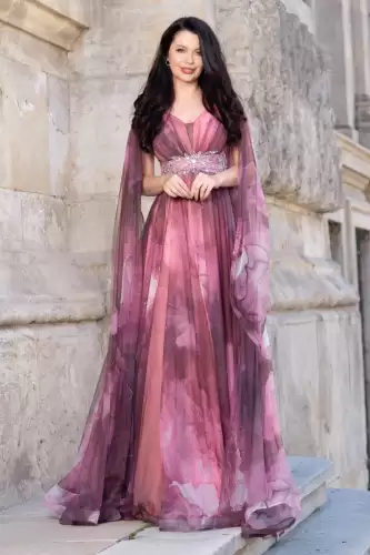 Rochie de seara lunga Alessandra cu imprimeu tip pictura in nuante pastelate