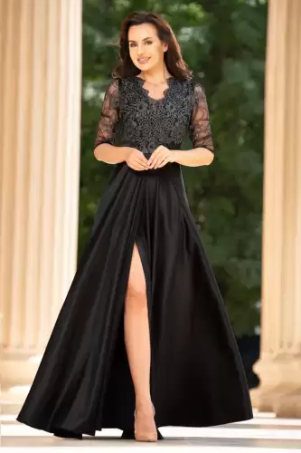 Rochie de seara lunga neagra Lucrezia din tafta cu broderie