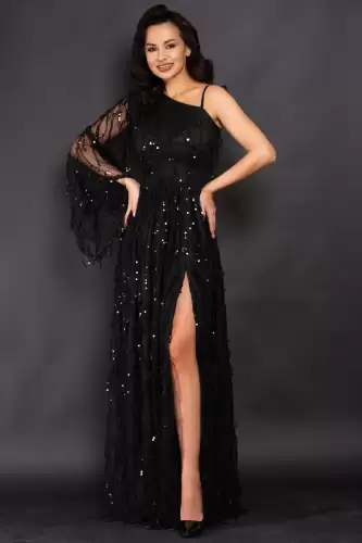 Rochie de seara lunga Raquel cu franjuri din paiete