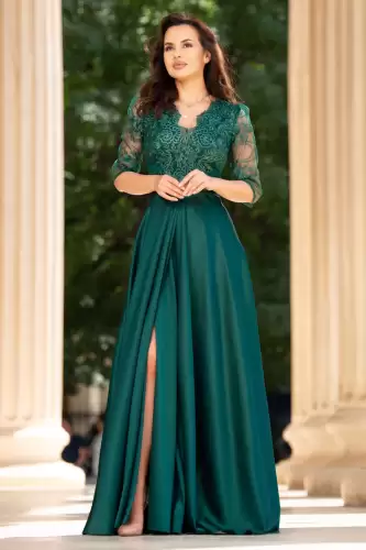 Rochie de seara lunga verde Lucrezia din tafta cu broderie