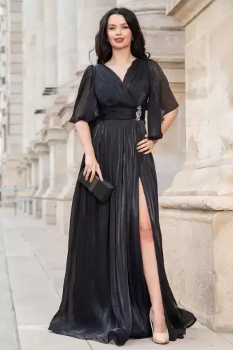 Rochie de seara neagra eleganta Fausta cu maneci fluture si pliseuri