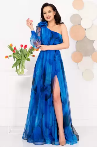 Rochie de seara pretioasa Carolina albastra cu model tip pictura