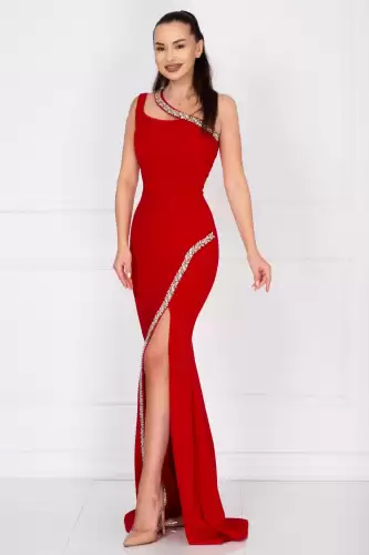 Rochie de seara rosie lunga Florence decorata cu pietre sclipitoare