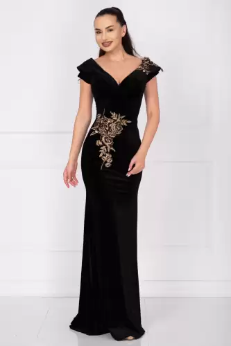 Rochie de seara tip sirena din catifea cu broderie florala aurie