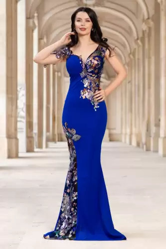 Rochie de seara tip sirena Kany albastru royal cu model din paiete si flori pastelate