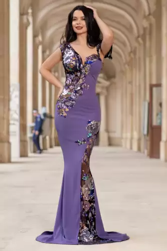 Rochie de seara tip sirena Kany lila cu model din paiete si flori pastelate