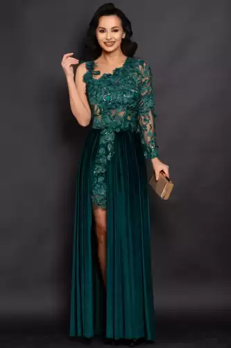 Rochie de seara verde Amandine cu fusta din catifea si bust din flori 3D