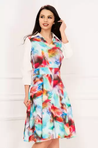 Rochie de zi Agapia in clos cu print multicolor si maneci cu volanas