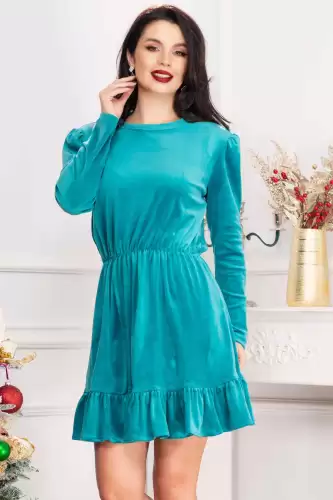 Rochie de zi Cherry din catifea turquoise cu volanas