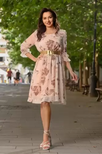 Rochie de zi in clos Ayana bej din voal cu imprimeu floral