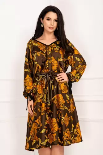 Rochie de zi satinata in clos cu imprimeu tomnatic