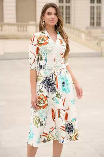 Rochie din stofa ivory midi de zi cu imprimeuri florale turcoaz si decolteu